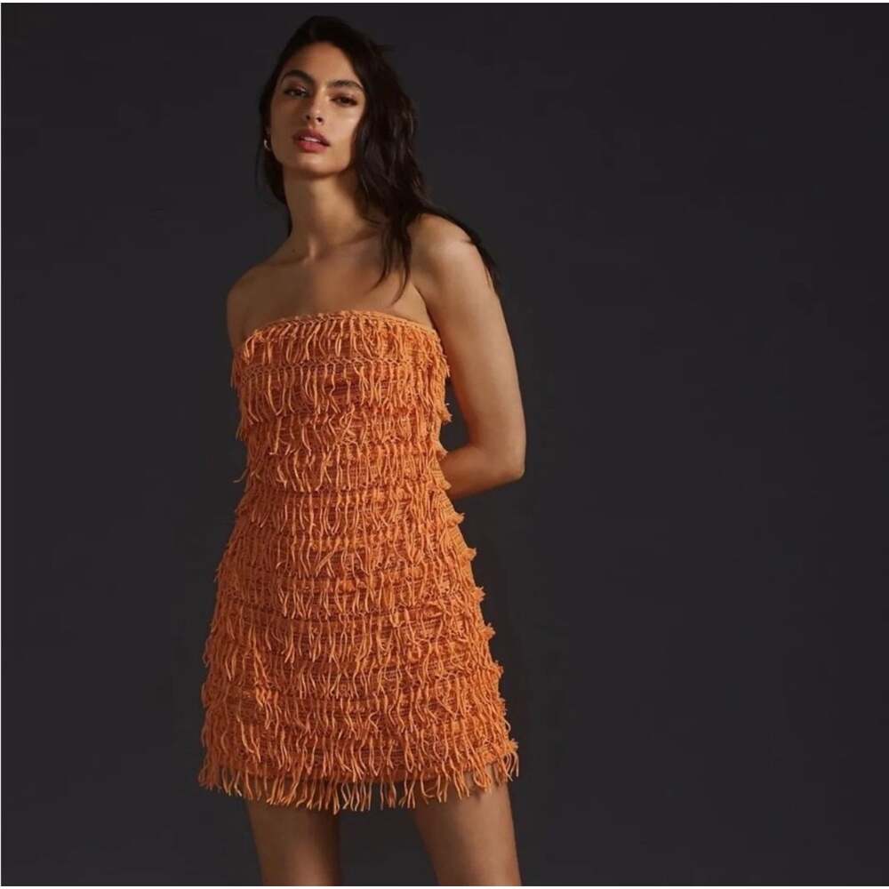 NWT Anthropologie Let Me Be Orange Fringe Mini Dress XS Strapless Boho